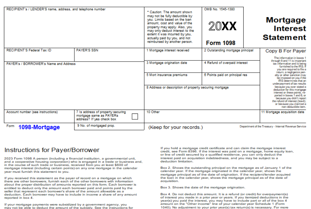 Form 1098-Mortgage statement detailing mortgage interest, recipient and payer information, and IRS filing instructions, relevant for reporting mortgage-related expenses.
