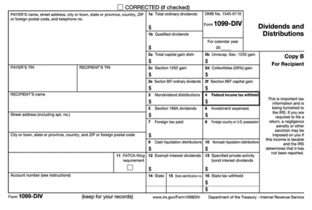 Form 1099-DIV template displaying sections for reporting dividends, distributions, and tax information, relevant to IRS filing requirements.