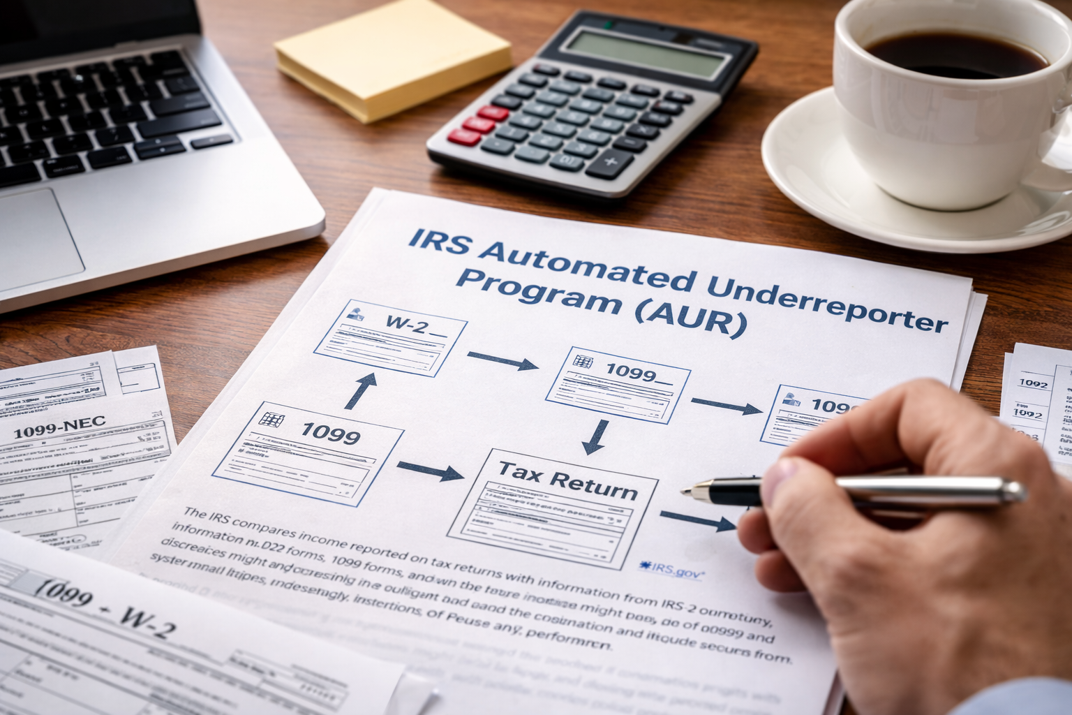 IRS Automated Underreporter Program diagram on a wooden desk with tax forms, calculator, laptop, and coffee showing how W-2 and 1099 income is matched with tax returns
