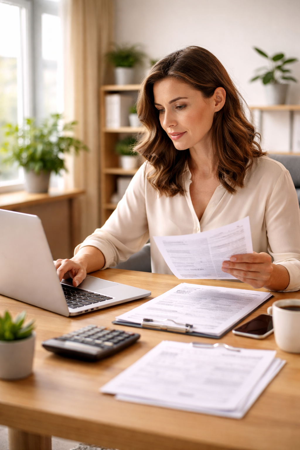 Small business owner reviewing 1099 paperwork and filing taxes on laptop