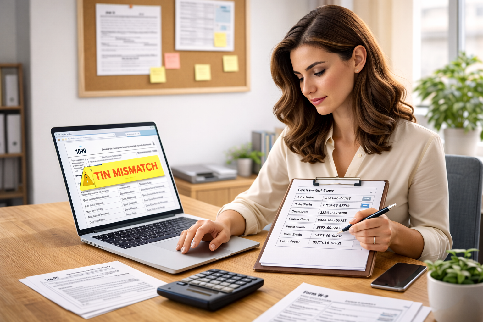 Woman reviewing contractor records with TIN mismatch alert on laptop while preparing 1099 forms