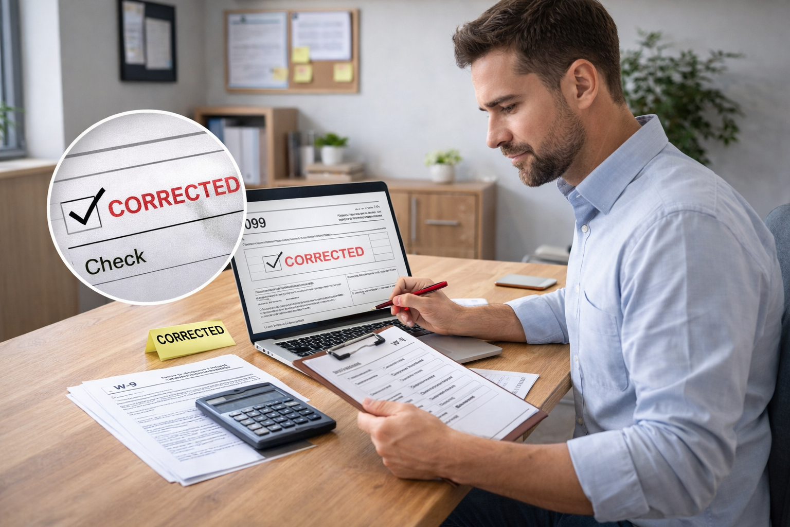 Man reviewing corrected 1099 form on laptop with tax documents and calculator on desk
