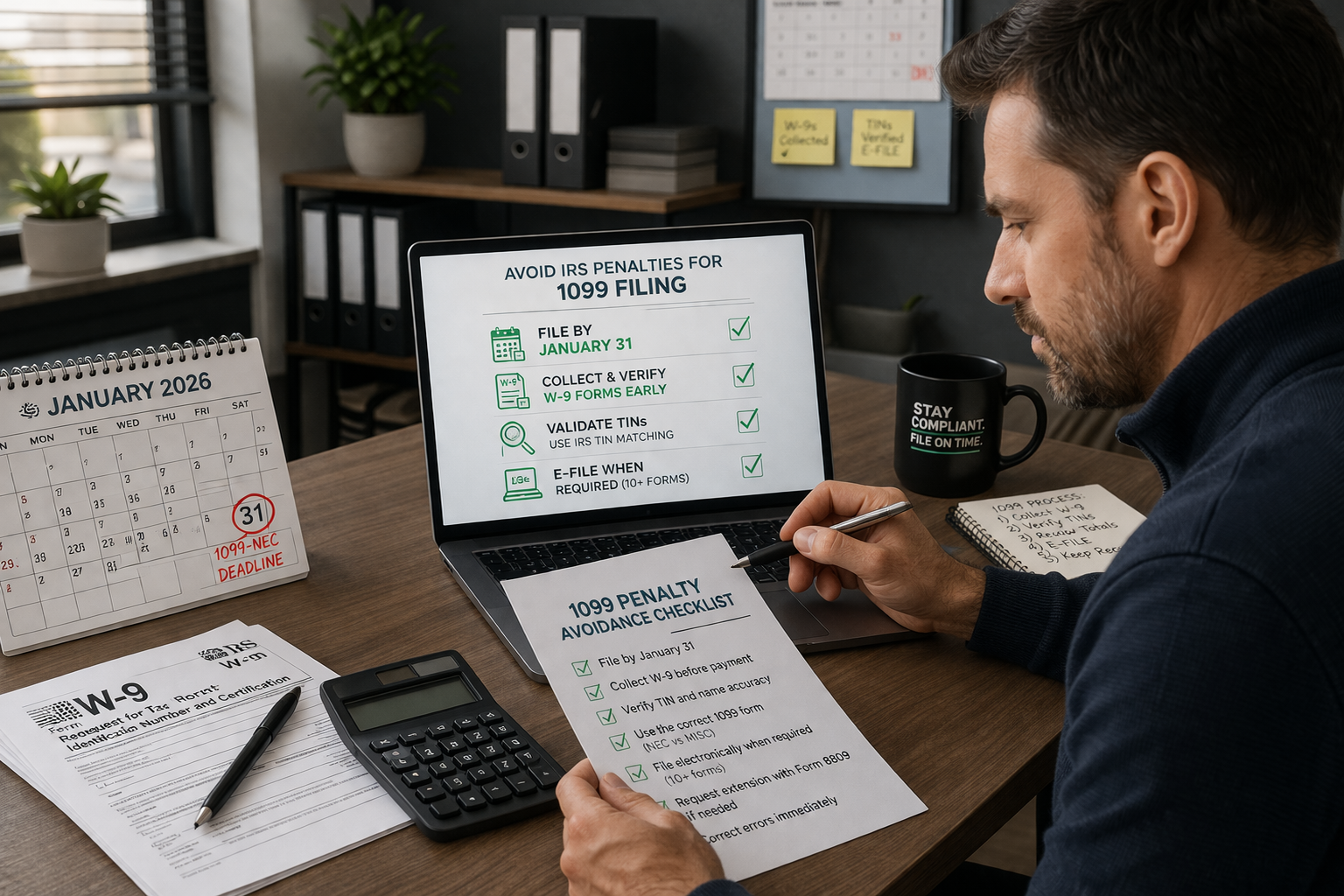 Business owner reviewing 1099 filing checklist on laptop to avoid IRS penalties and ensure accurate tax reporting