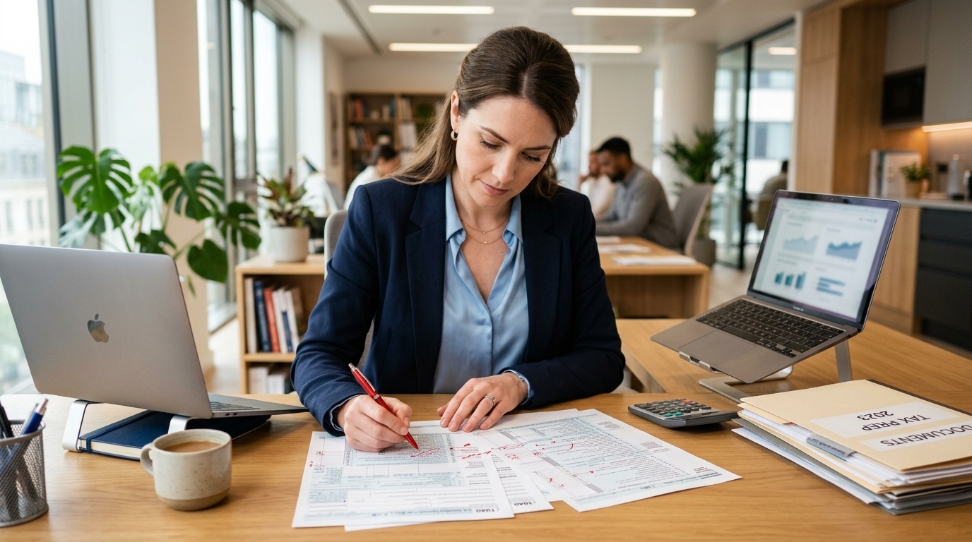 Professional reviewing 1099 tax forms and marking corrections with red pen