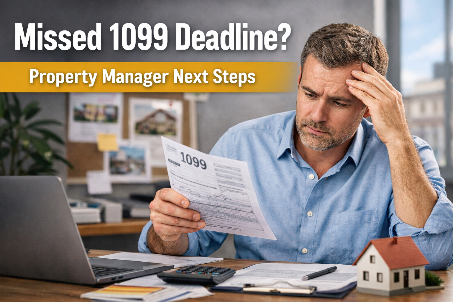 Property manager reviewing vendor paperwork and managing 1099 deadlines at office desk