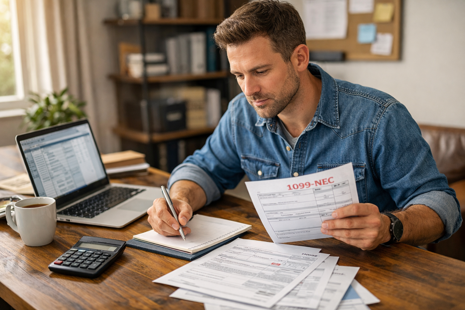 Small business owner reviewing 1099 NEC form and financial documents at desk with laptop and calculator