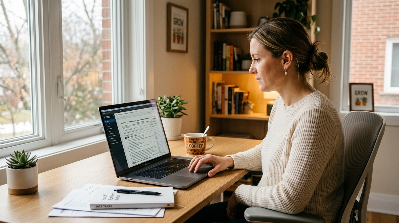 Small business owner verifying IRS TIN matching on laptop before filing 1099 forms