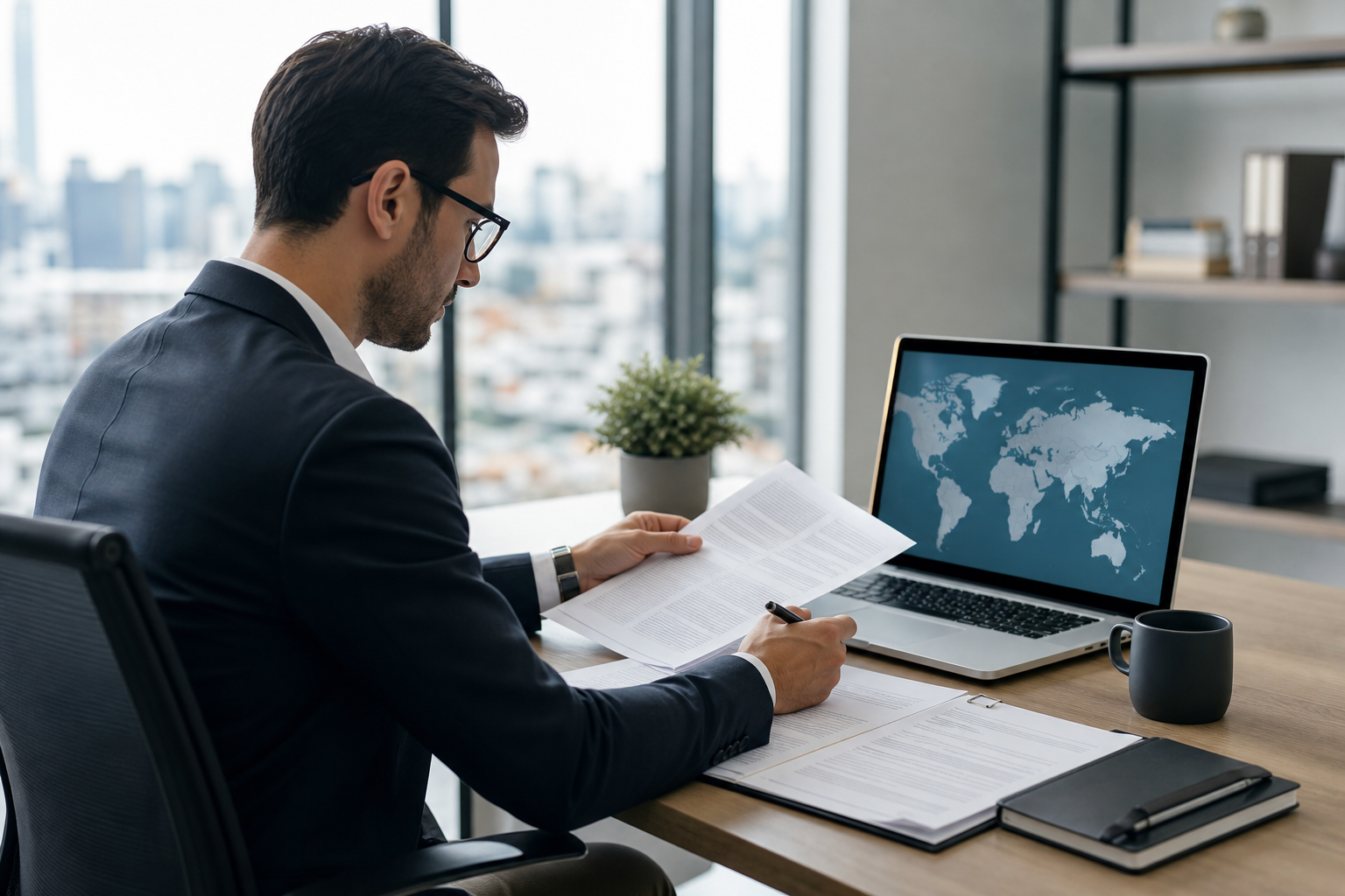Business owner reviewing international contractor filing requirements and W-8BEN documentation