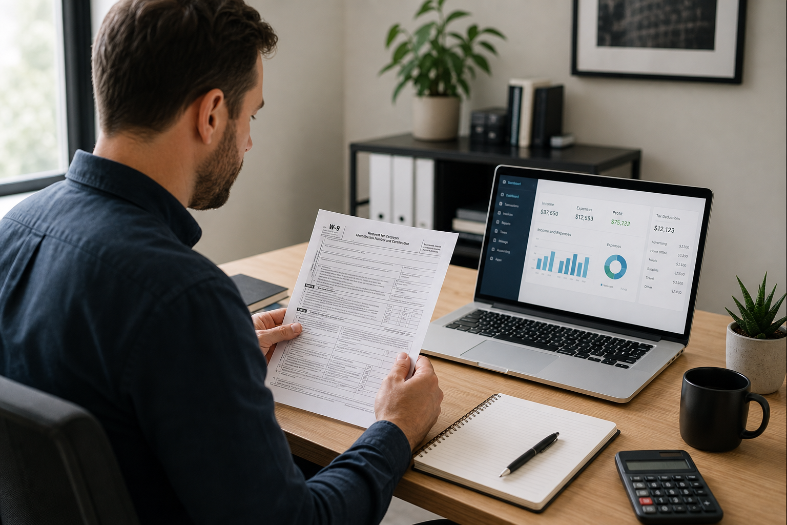 Small business owner reviewing W-9 form to comply with backup withholding requirements