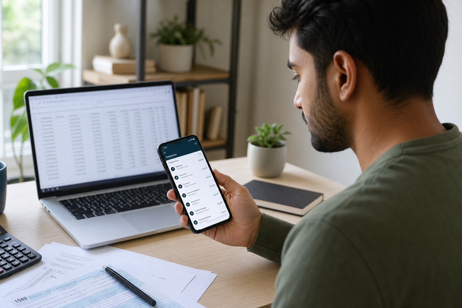 Small business owner reviewing Form 1099-K payment transactions on smartphone and laptop