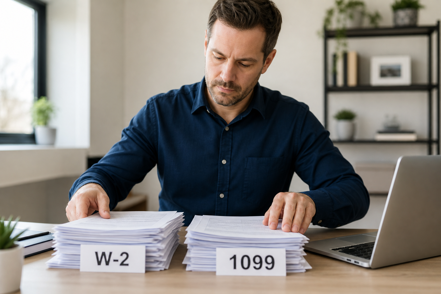 Business owner organizing W-2 and 1099 forms for year-end online filing
