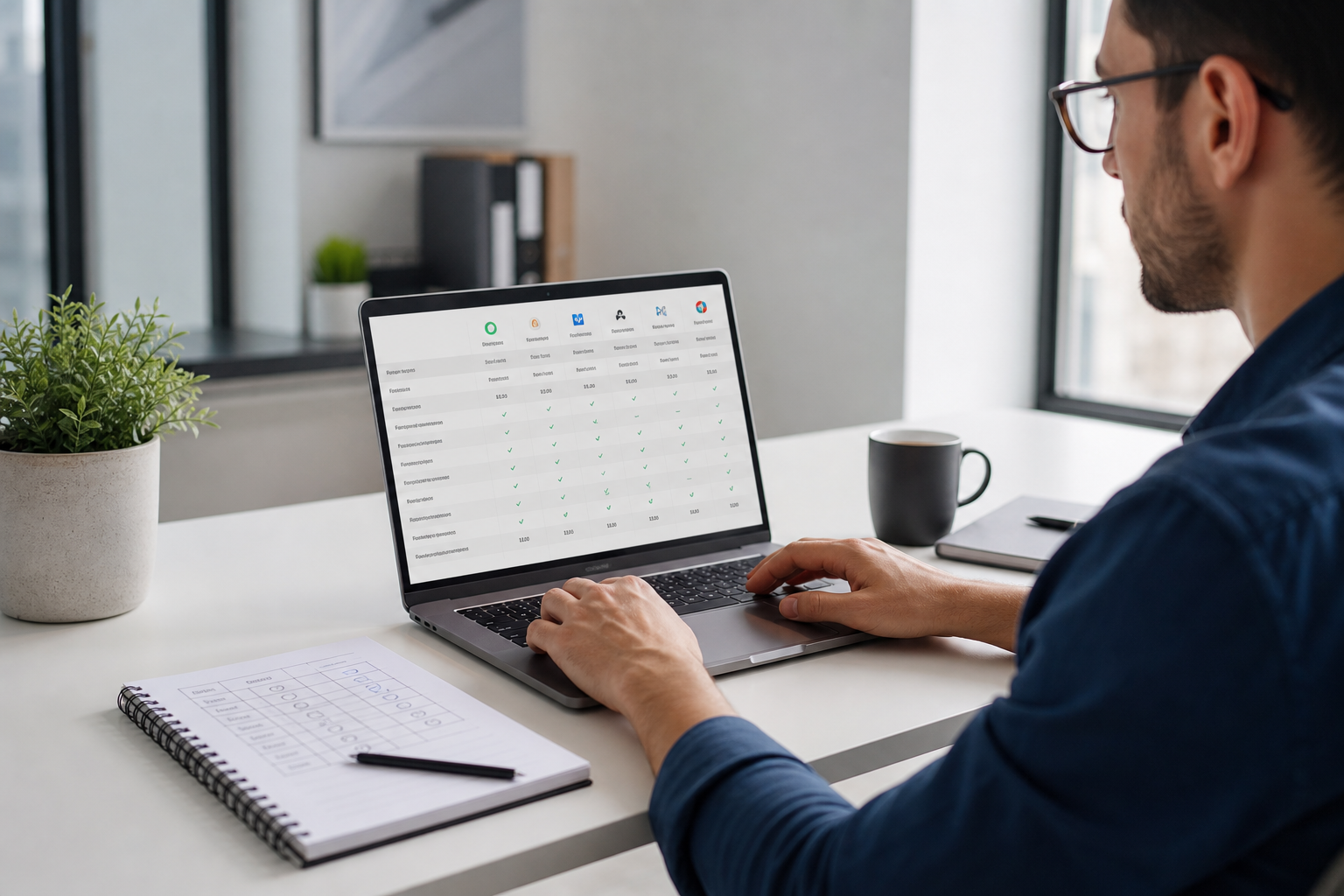 Business professional comparing 1099 filing service options on laptop with notes