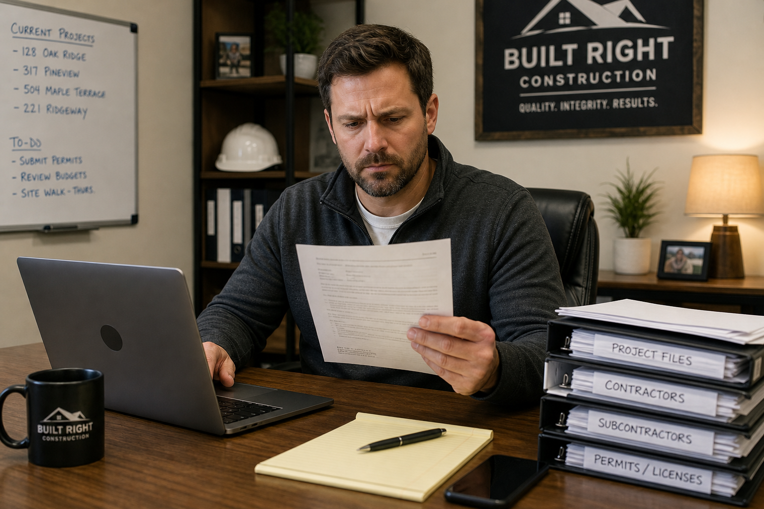 Business owner reviewing contractor W-9 compliance documents
