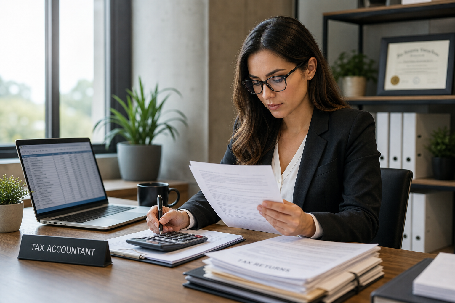 Accountant organizing 1099-MISC tax documents at office desk