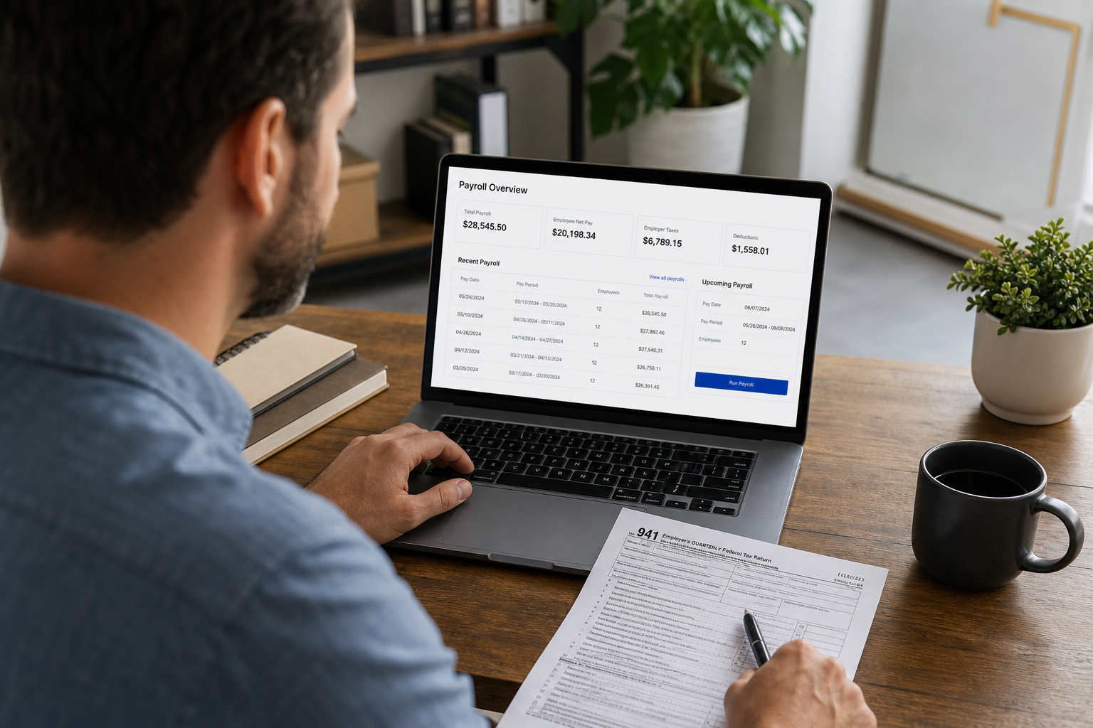 Small business owner reviewing W-2C correction form on laptop