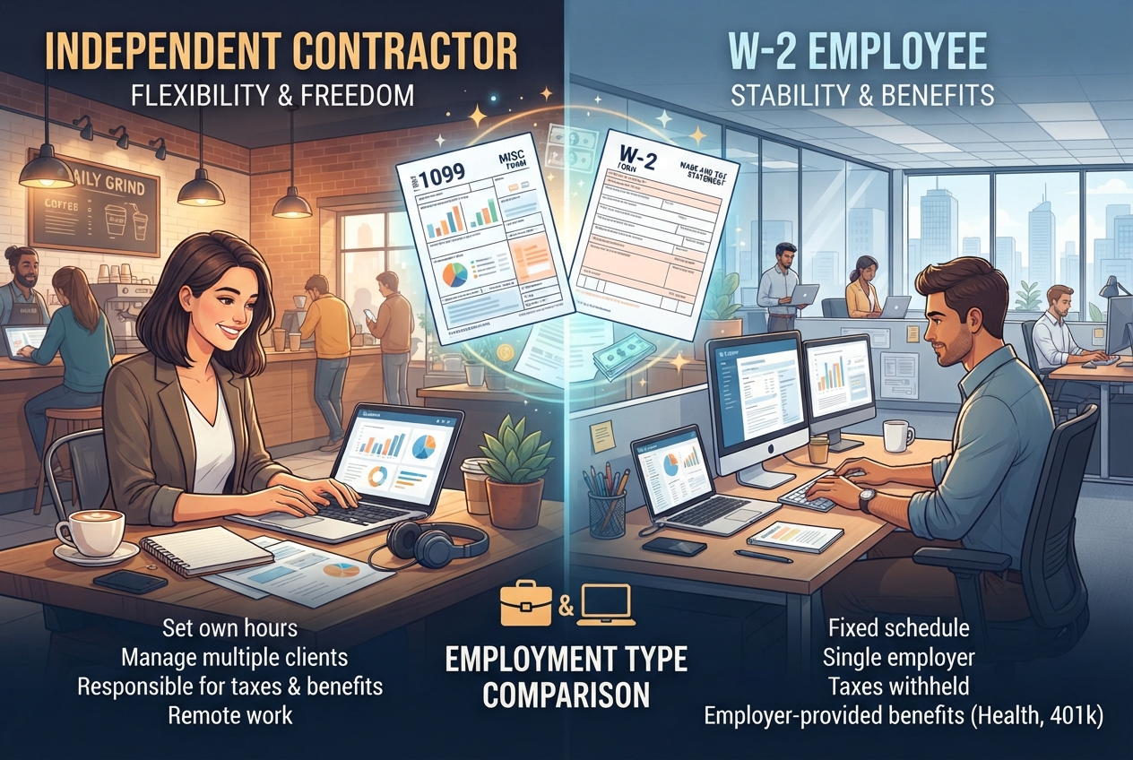 A small business owner reviewing tax forms and comparing 1099 and W-2 worker classifications on a laptop.