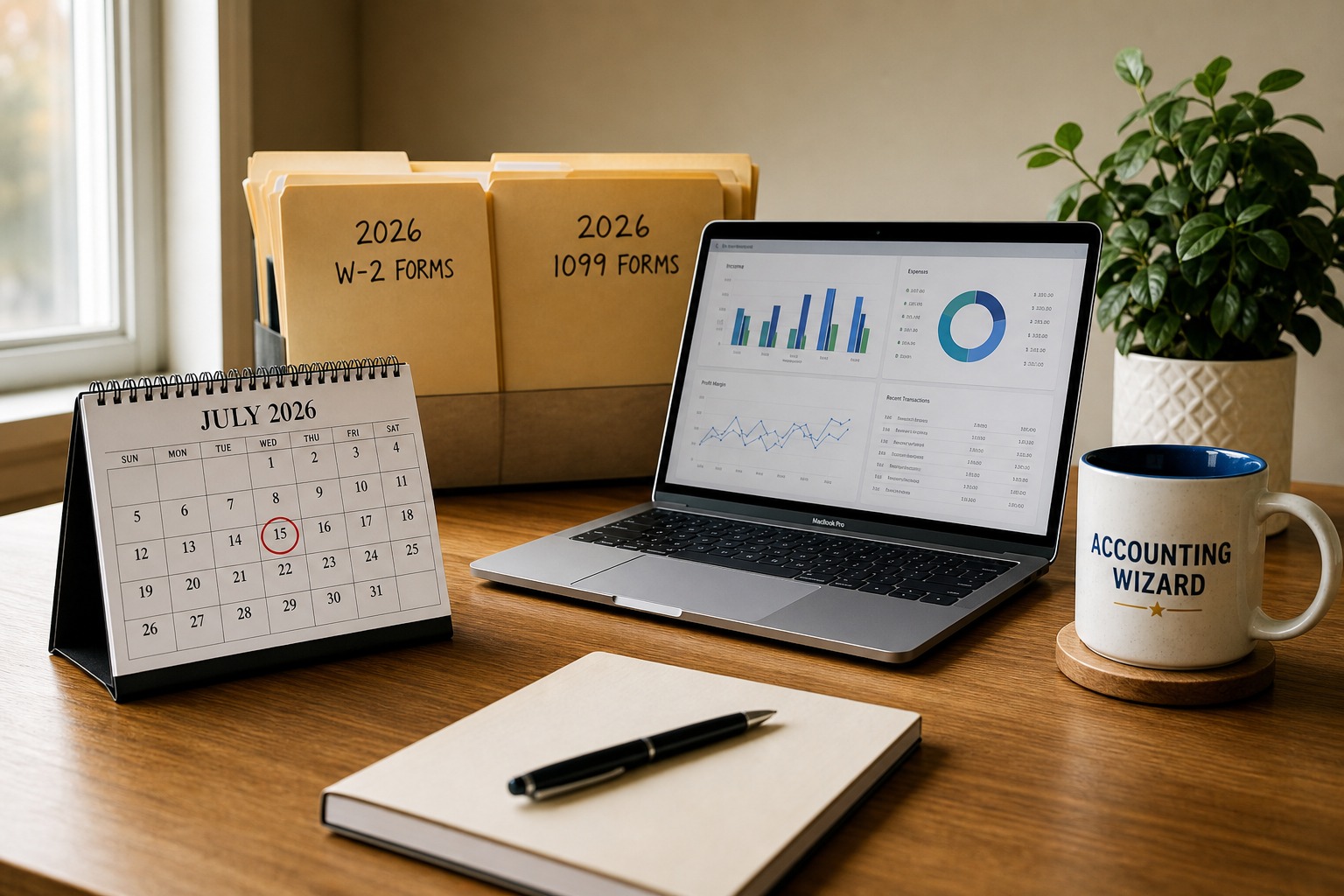 A desk with a July 2026 calendar, 2026 W-2 and 1099 form folders, and a laptop showing tax dashboard data