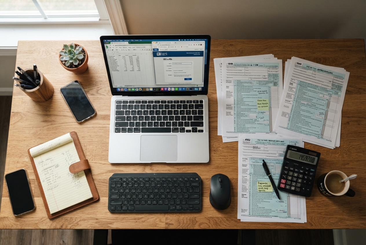 A small business owner reviewing tax documents and 1099 forms on a laptop to avoid filing mistakes.