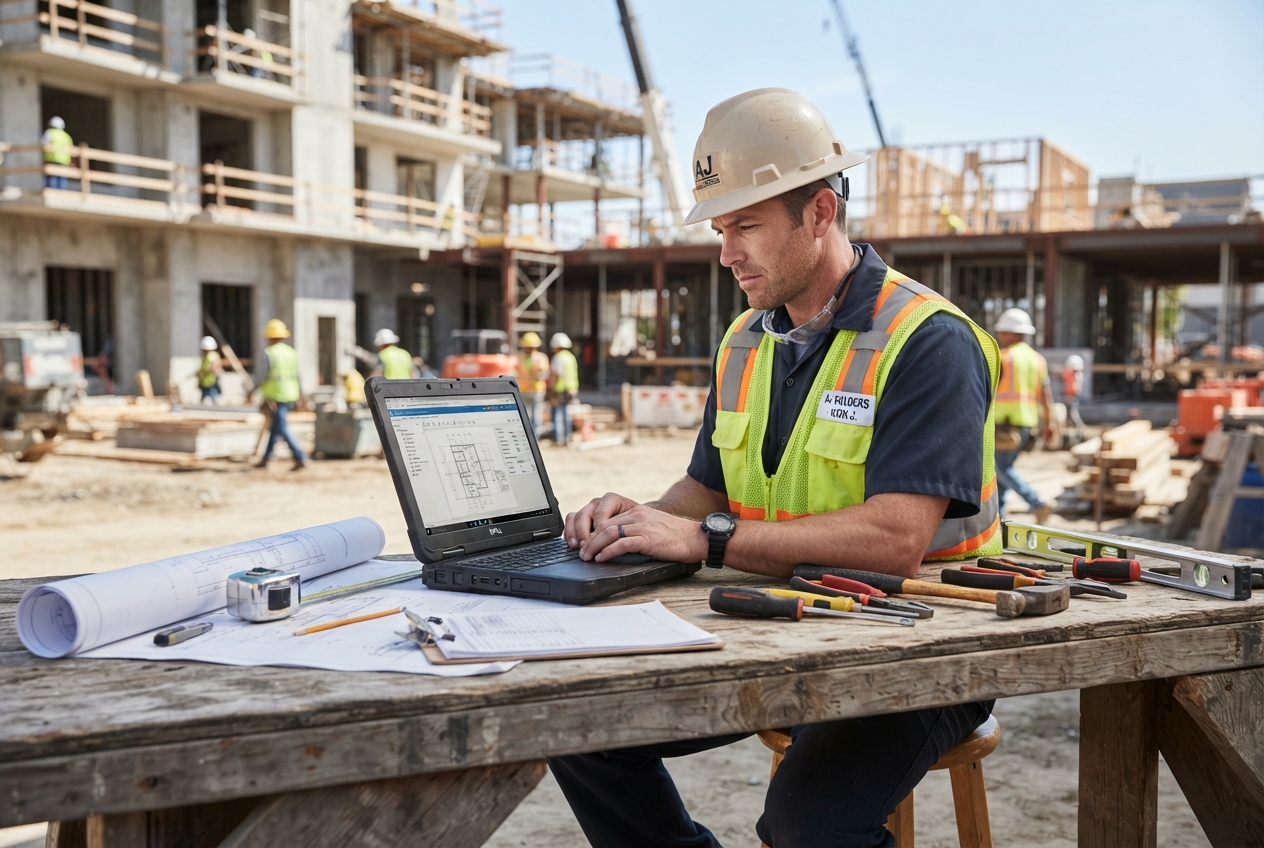 A construction site manager reviewing paperwork on a clipboard with a subcontractor in the background.
