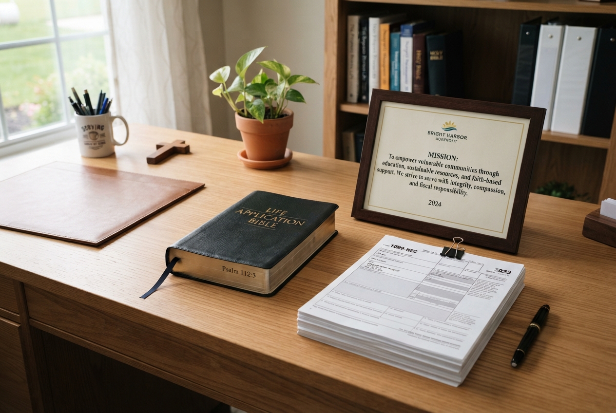 A church administrator and a nonprofit director reviewing financial documents and 1099 forms in a modern office setting.