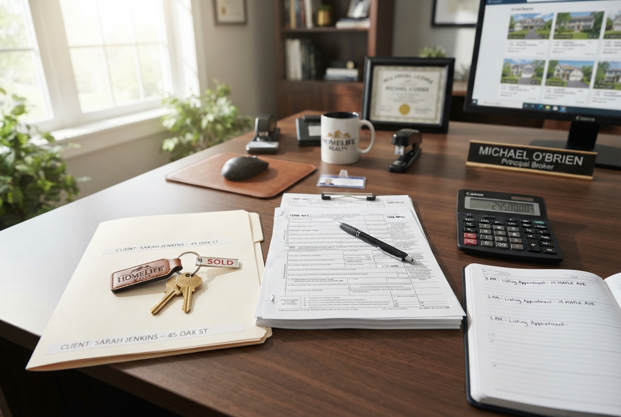 A real estate agent reviewing financial documents and 1099 tax forms on a laptop in a modern office setting.