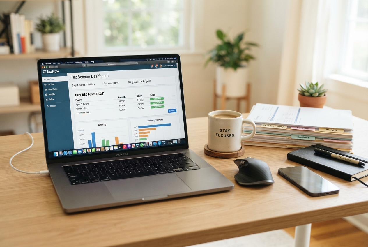 A small business owner using a laptop to access a 1099 filing service dashboard for tax compliance.