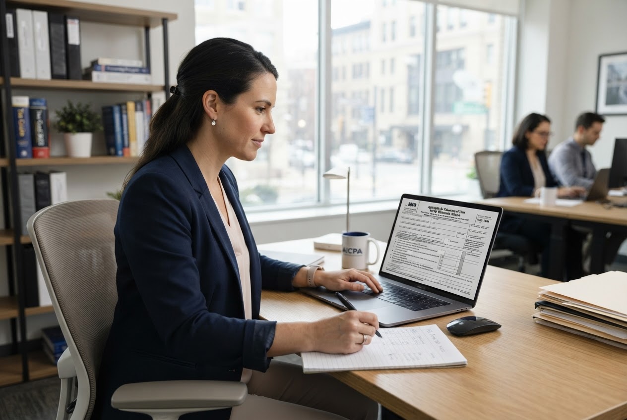 Small business owner reviewing tax extension paperwork on a computer