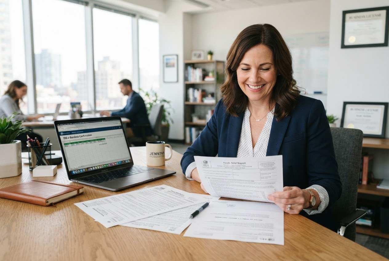 Small business owner reviewing tax documents and IRS penalty relief information