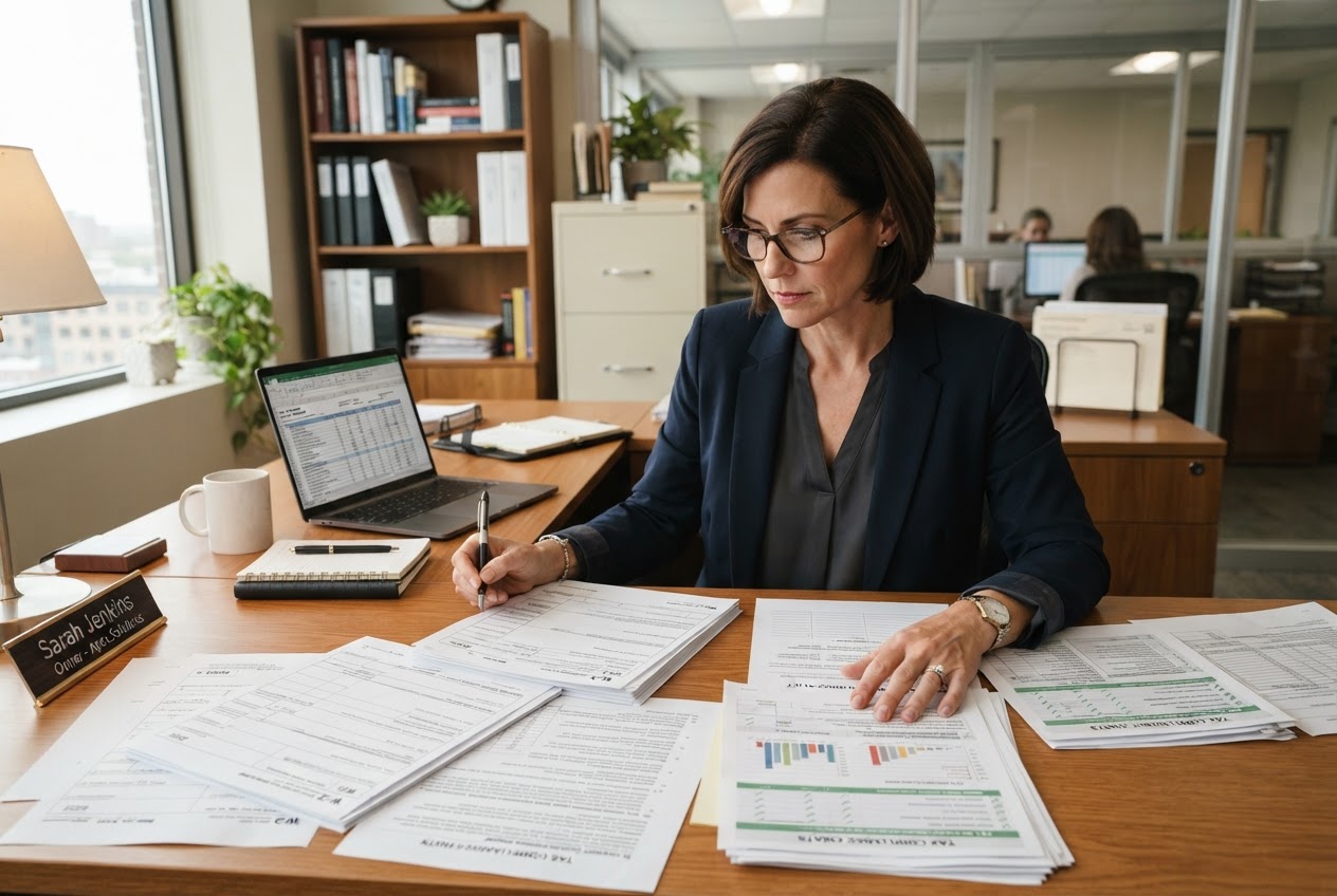 A business professional reviewing tax compliance documents and worker classification charts for a staffing agency.