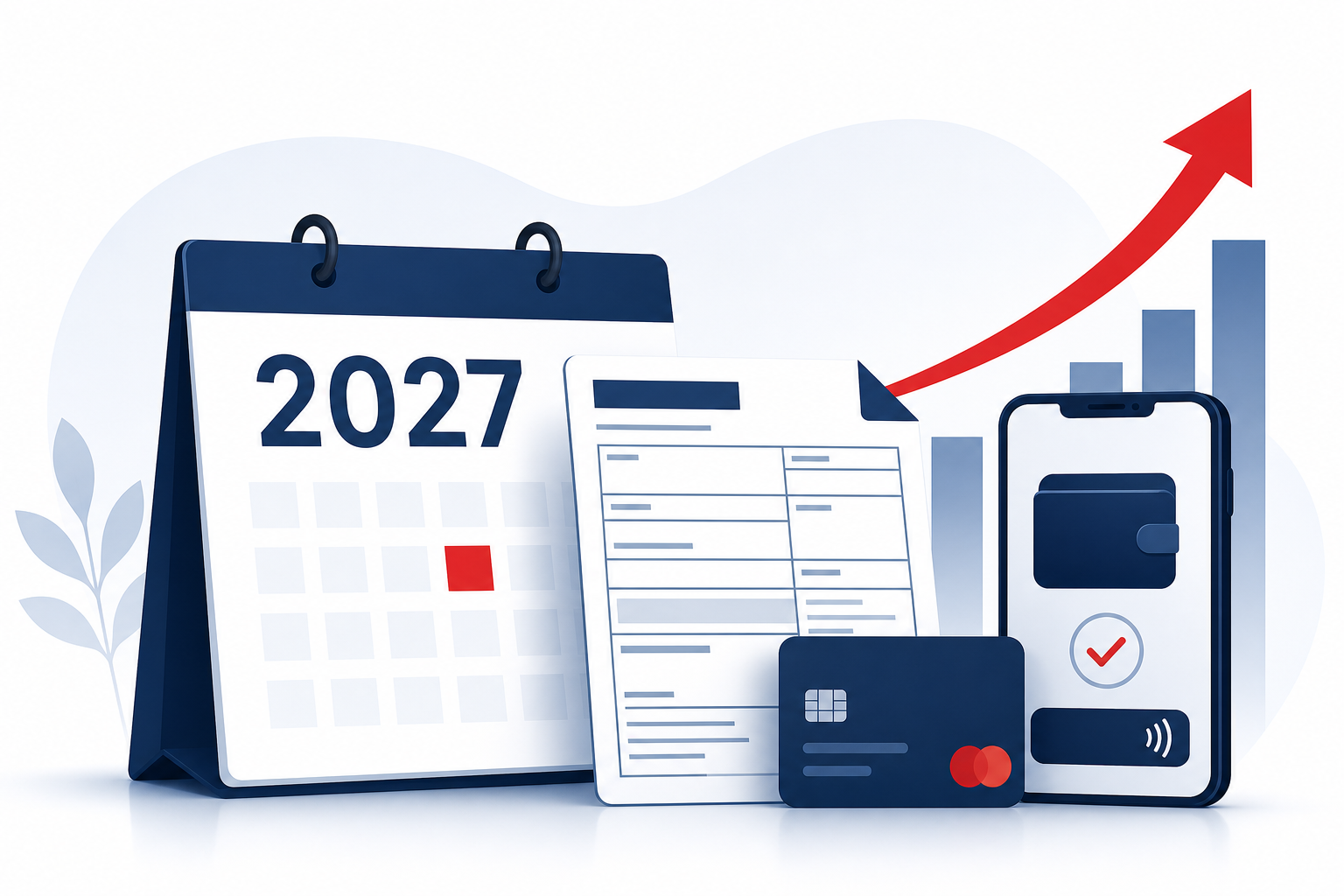 2027 calendar, 1099-K tax form, and digital payment card illustrating the restored $20,000 and 200-transaction 1099-K reporting threshold