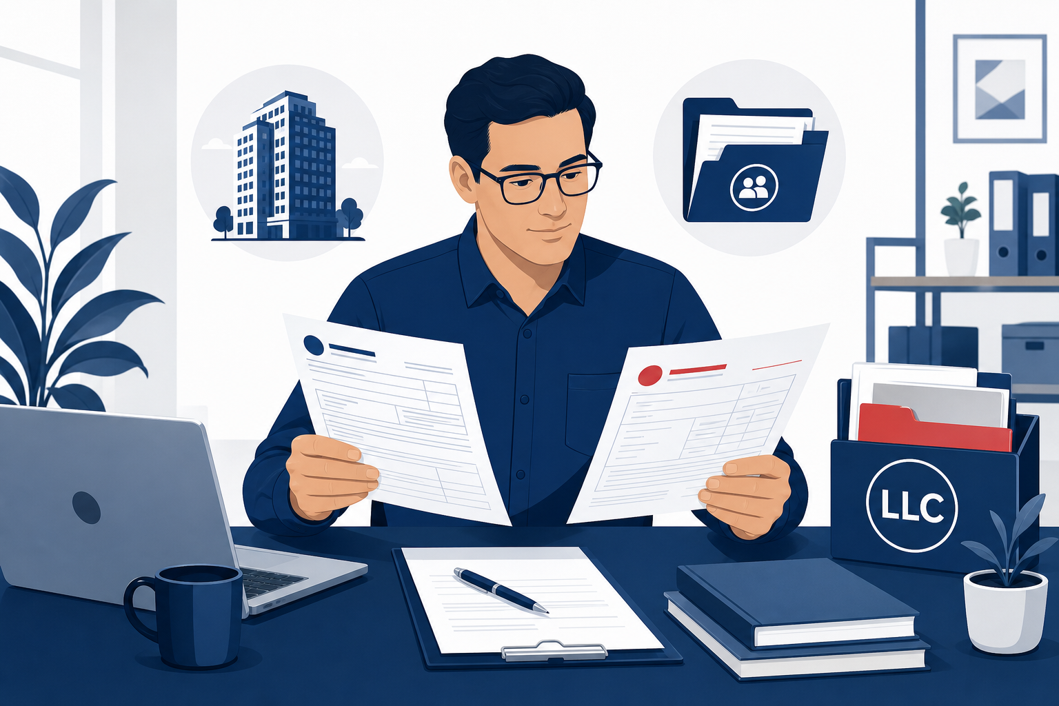 Small business owner reviewing corporate and LLC 1099 tax documents at a desk