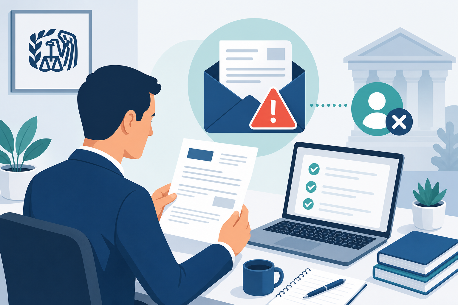 Business owner reviewing an IRS CP2100 B-Notice at a desk with a checklist on a laptop screen