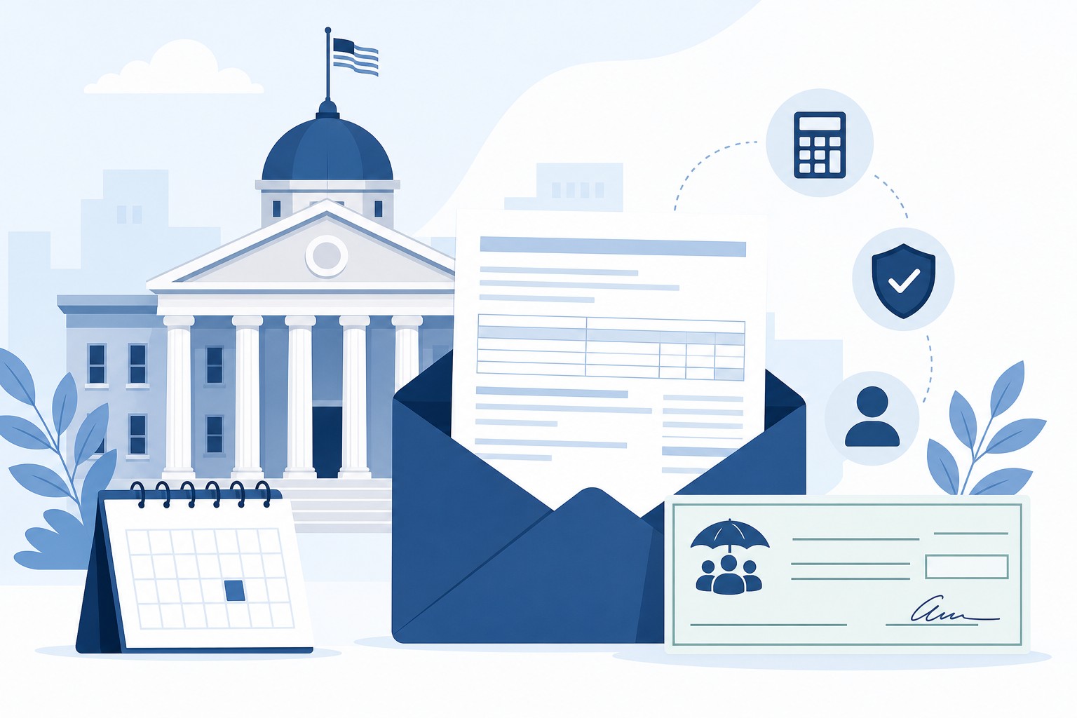 Illustration of a government building, envelope with tax form, calendar, and benefits check representing Form 1099-G