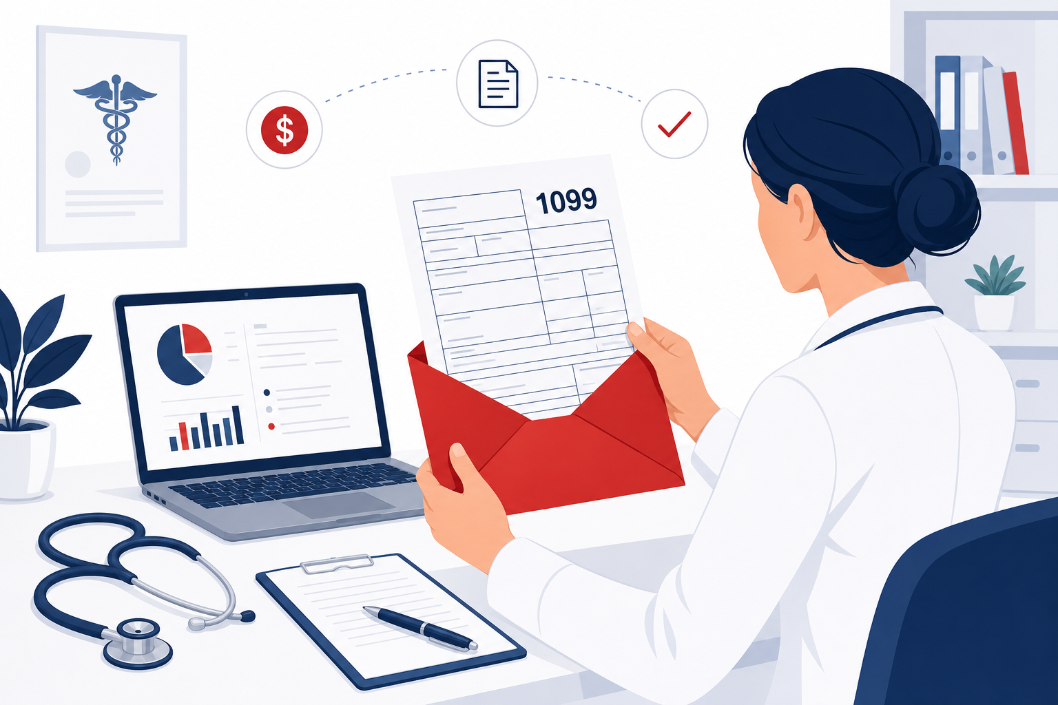 Illustration of a medical office desk with a 1099 tax form for healthcare provider payments