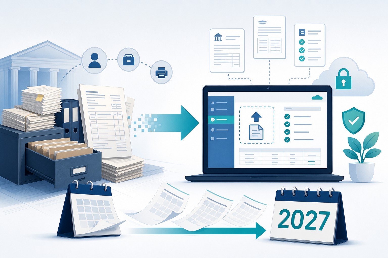 Illustration of a business transitioning 1099 and W-2 paper filing to a secure digital IRIS portal ahead of the 2027 filing season