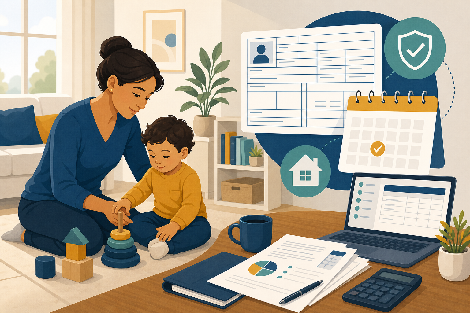 Illustration of a caregiver with a child and W-2 tax paperwork representing nanny tax rules for household employers