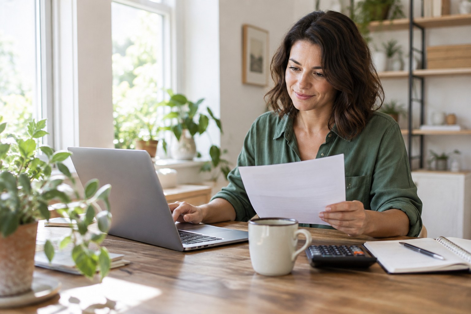 Small business owner reviewing contractor payments at a home office desk