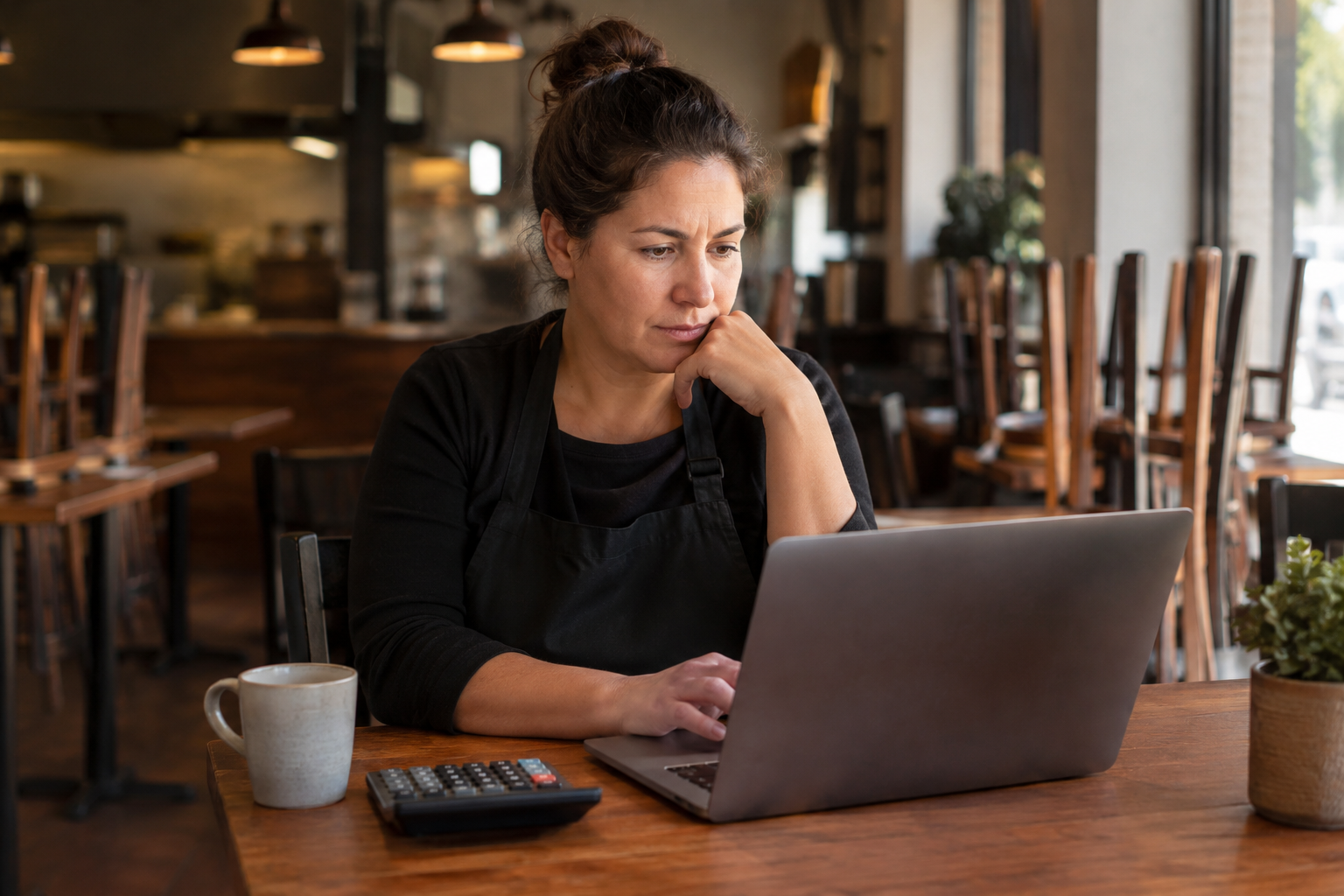 Restaurant owner reviewing payroll on a laptop for 2026 W-2 tip and overtime reporting