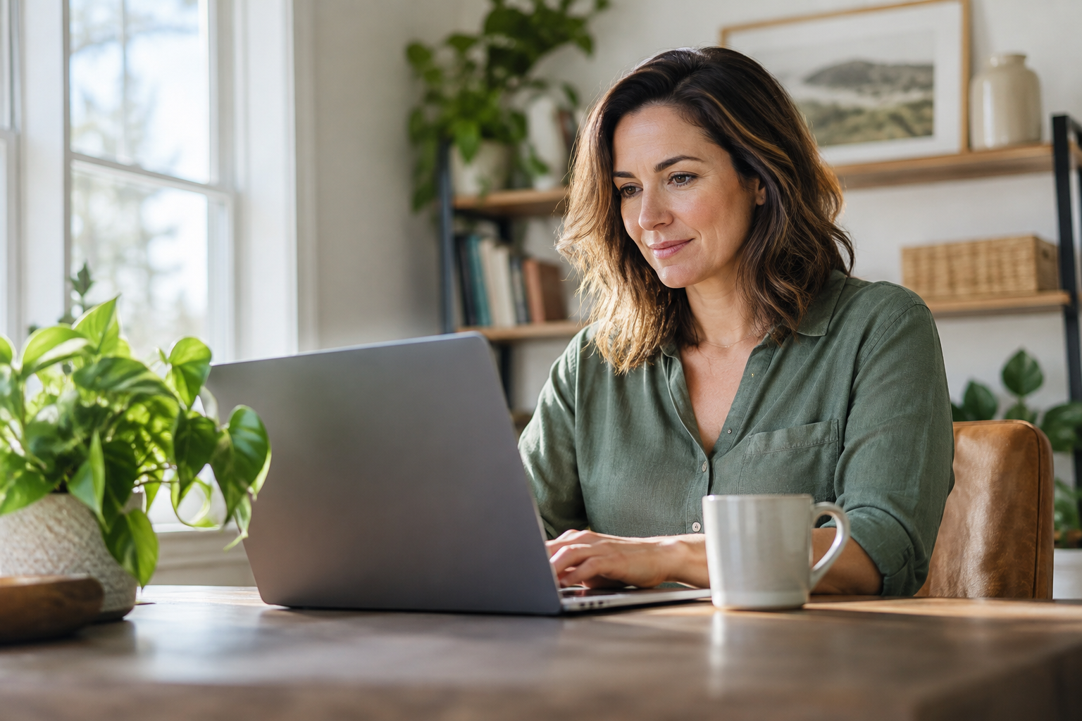 Small business owner filing 1099s online at her laptop in a bright home office